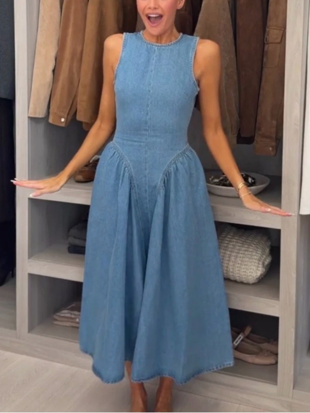 H&M Light Blue Denim Sleeveless Midi Dress